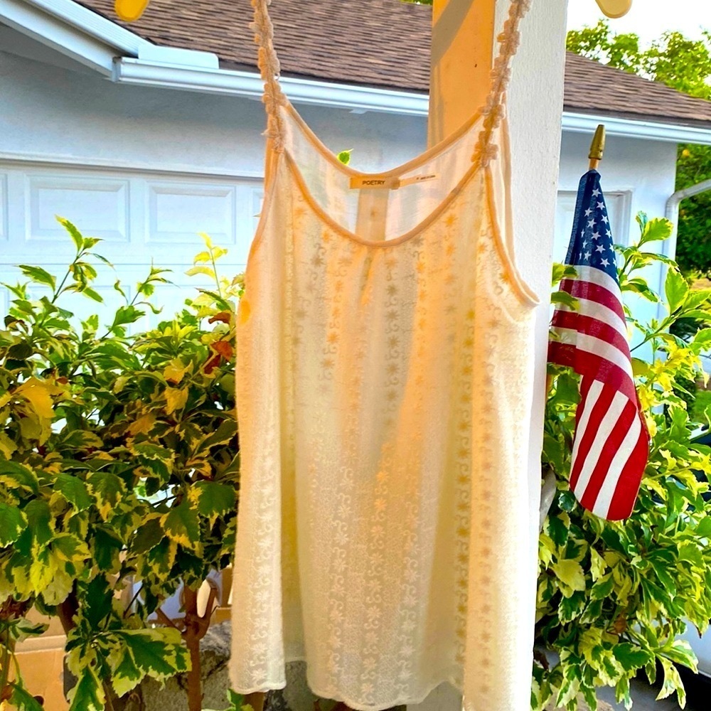 WHITE POETRY SHEER CAMISOLE TANK LINED LACE BOHO SUMMER STRAPS Sz M…